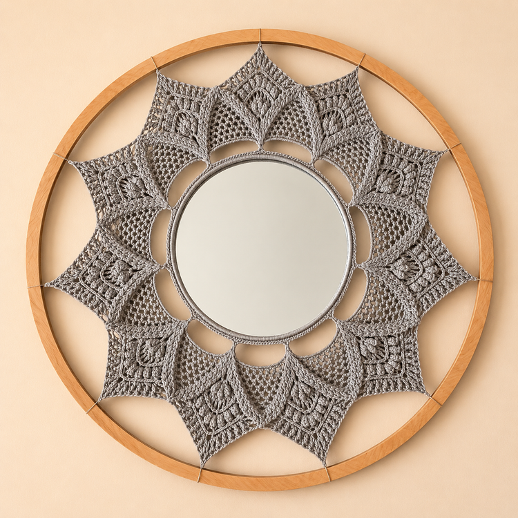 دیوارکوب آینهدار قلاببافی طرح ماندالا (مکرومهبافی)