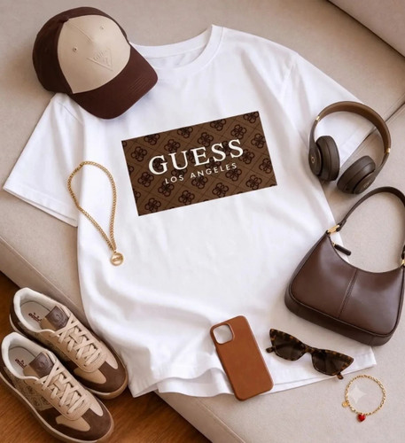 تیشرت باکسی زنانه چاپی طرح GUESS جنس نخ پنبه خنک تابستانی