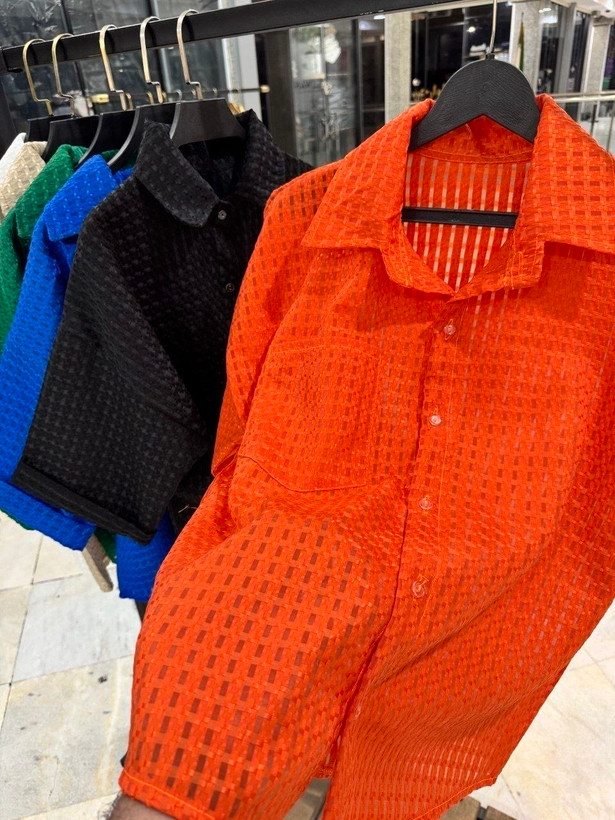 شومیز باکسی حصیری زنانه/مردانه از جنس حسیری شیشه ای کد 80352 (بدن نما)