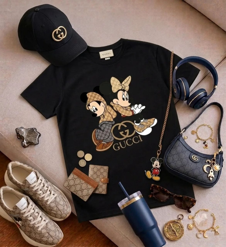 تیشرت باکسی زنانه چاپی طرح میکی موس گوچی Gucci جتس نخ پنبه خنک تابستانی