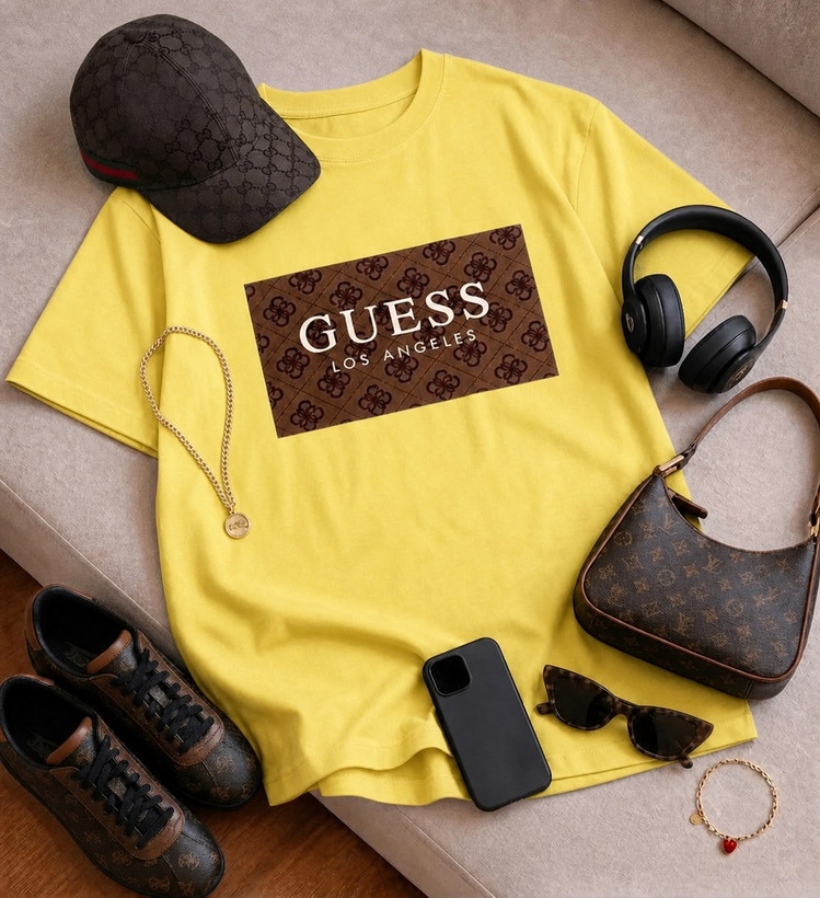 تیشرت باکسی زنانه چاپی طرح GUESS جنس نخ پنبه خنک تابستانی