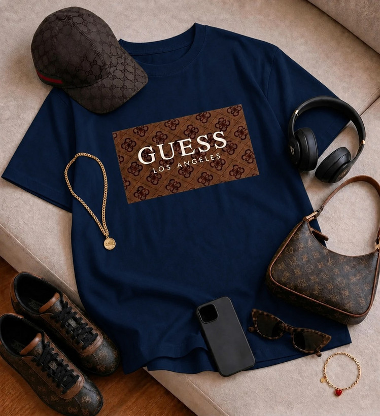 تیشرت باکسی زنانه چاپی طرح GUESS جنس نخ پنبه خنک تابستانی