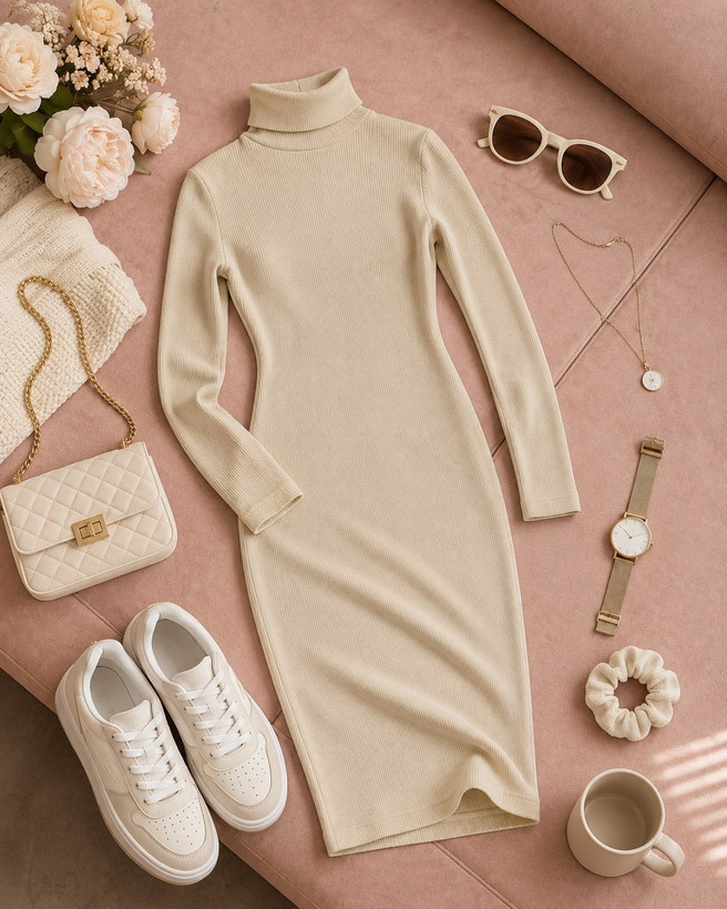 تونیک ماکسی زنانه بافتنی یقه اسکی آستین شصتی کرم