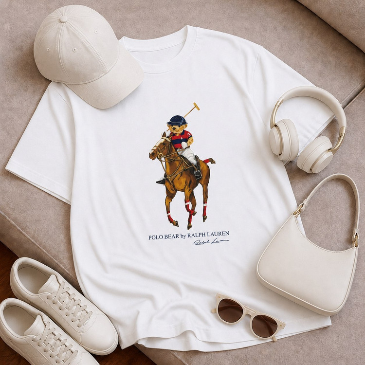 تیشرت باکسی با چاپ Polo bear جنس نخ پنبه خنک تابستانی آستین سه ربع مناسب زنانه، مردانه