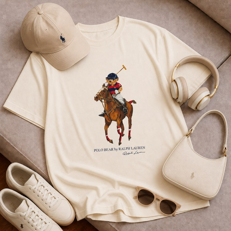 تیشرت باکسی با چاپ Polo bear جنس نخ پنبه خنک تابستانی آستین سه ربع مناسب زنانه، مردانه
