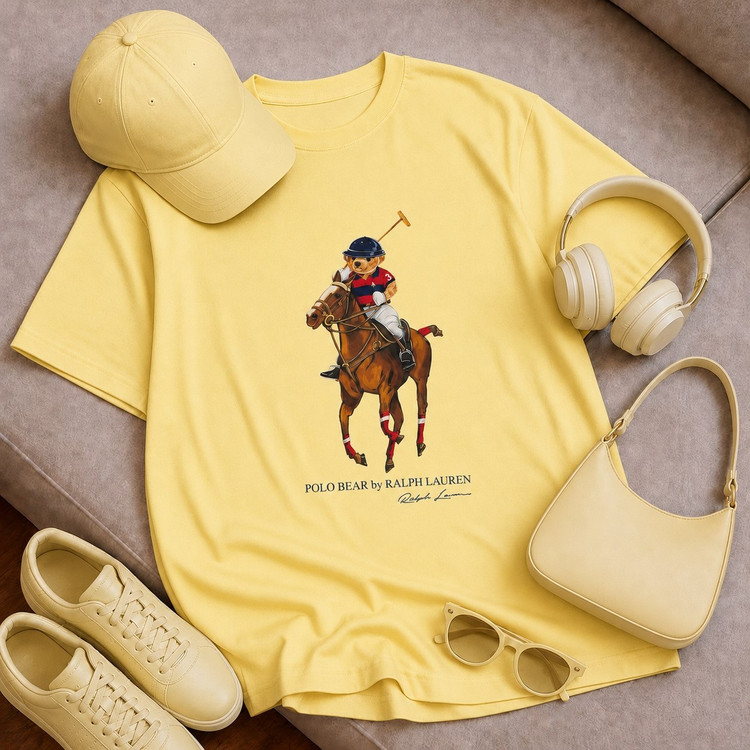 تیشرت باکسی با چاپ Polo bear جنس نخ پنبه خنک تابستانی آستین سه ربع مناسب زنانه، مردانه
