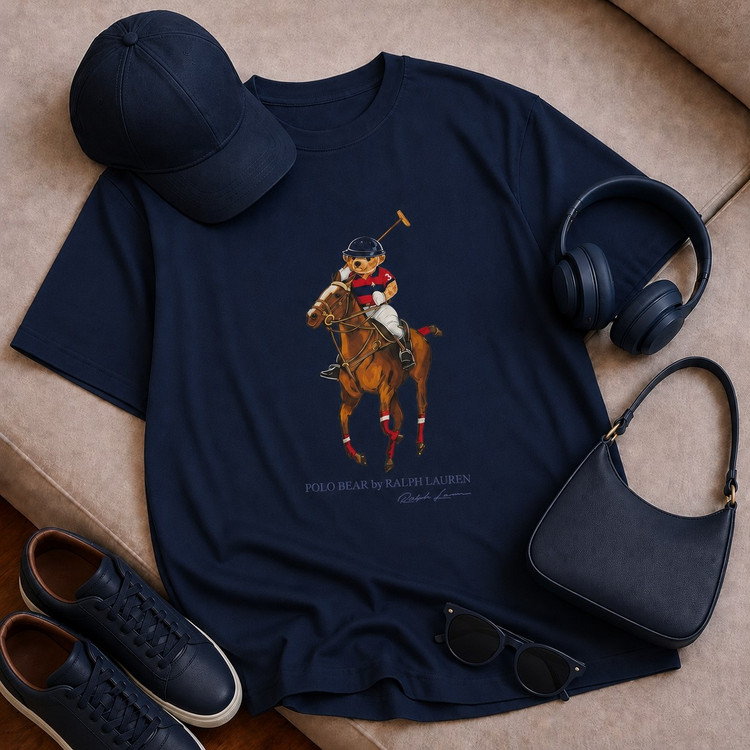 تیشرت باکسی با چاپ Polo bear جنس نخ پنبه خنک تابستانی آستین سه ربع مناسب زنانه، مردانه
