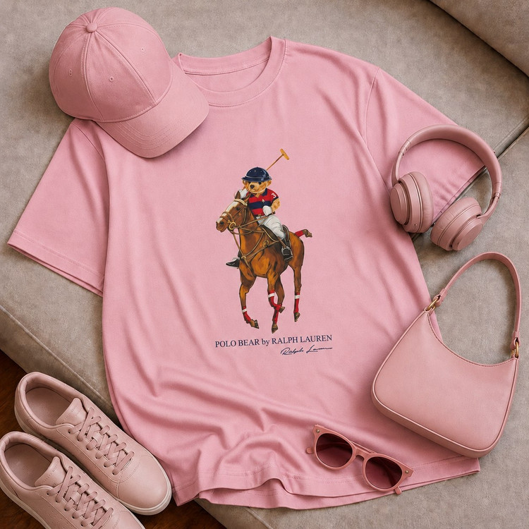 تیشرت باکسی با چاپ Polo bear جنس نخ پنبه خنک تابستانی آستین سه ربع مناسب زنانه، مردانه