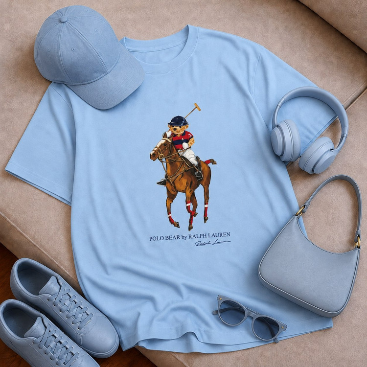 تیشرت باکسی با چاپ Polo bear جنس نخ پنبه خنک تابستانی آستین سه ربع مناسب زنانه، مردانه