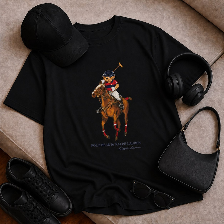 تیشرت باکسی با چاپ Polo bear جنس نخ پنبه خنک تابستانی آستین سه ربع مناسب زنانه، مردانه