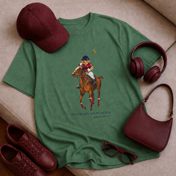 تیشرت باکسی با چاپ Polo bear جنس نخ پنبه خنک تابستانی آستین سه ربع مناسب زنانه، مردانه