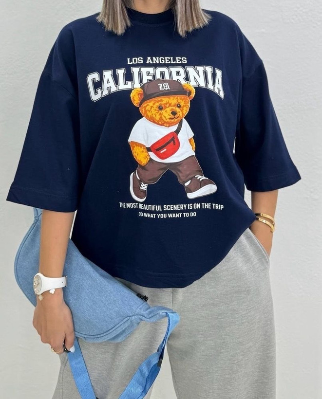 تیشرت باکسی زنانه چاپی طرح تدی جنس نخ پنبه خنک تابستانی California