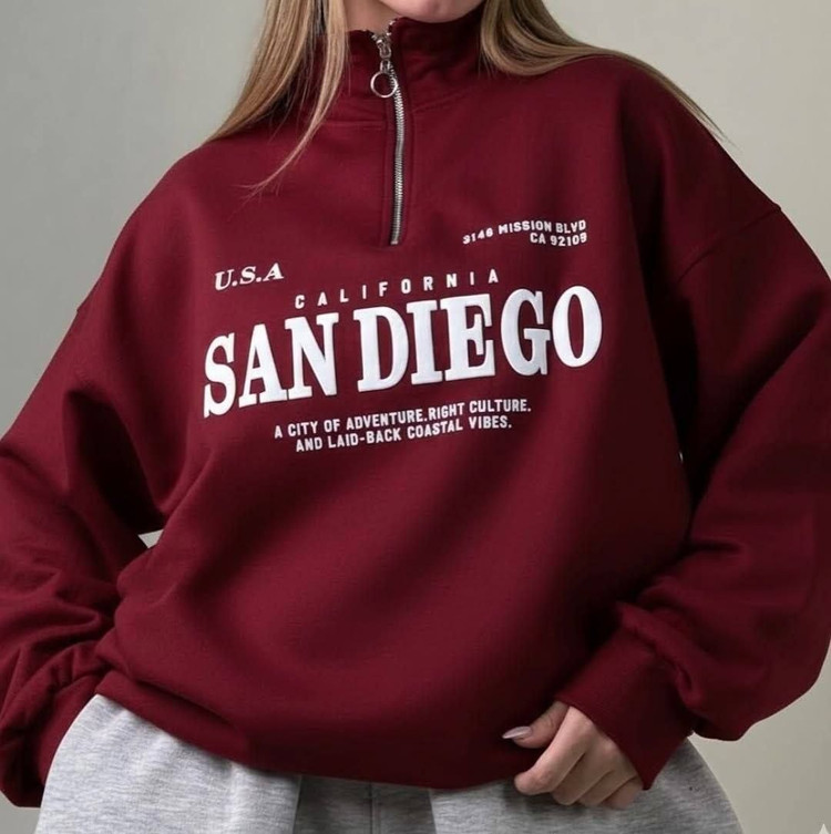 دورس نیمزیپ اسپرت با چاپ San Diego و جنس دورس داخل کرکی با یقه زیپدار